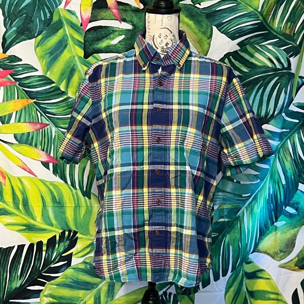 Lands’ End Mens M Green Blue Preppy Outdoor Spring Summer Vacation Plaid Shirt